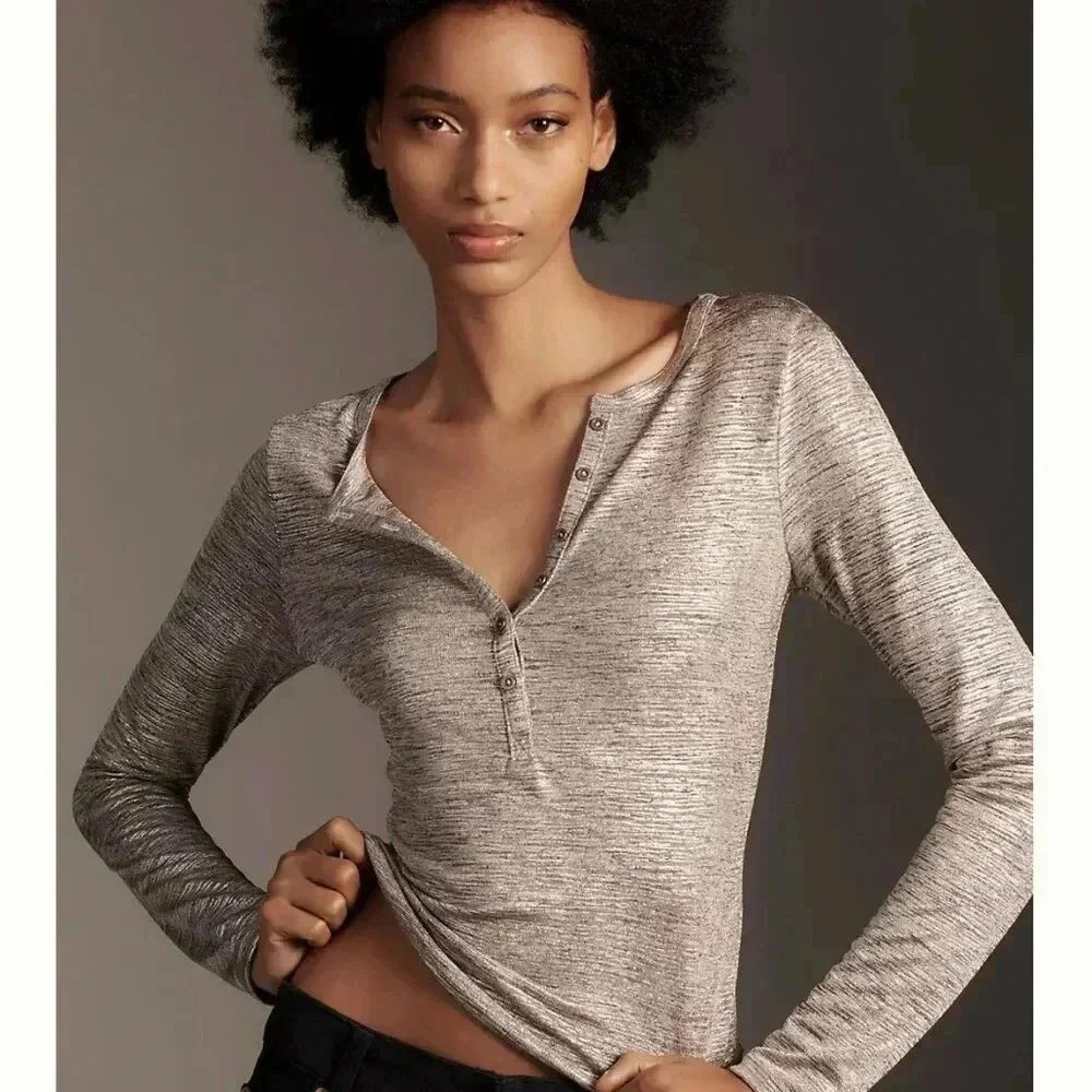 Pilcro Andie Ribbed Henley Metallic Top Size XL Shimmer Shine Edition